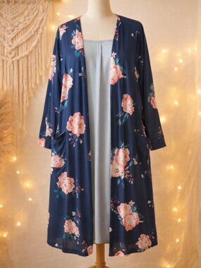 Ecowish Blue Floral Longline Duster Cardigan Sweater XL Boho Cottagecore Layer